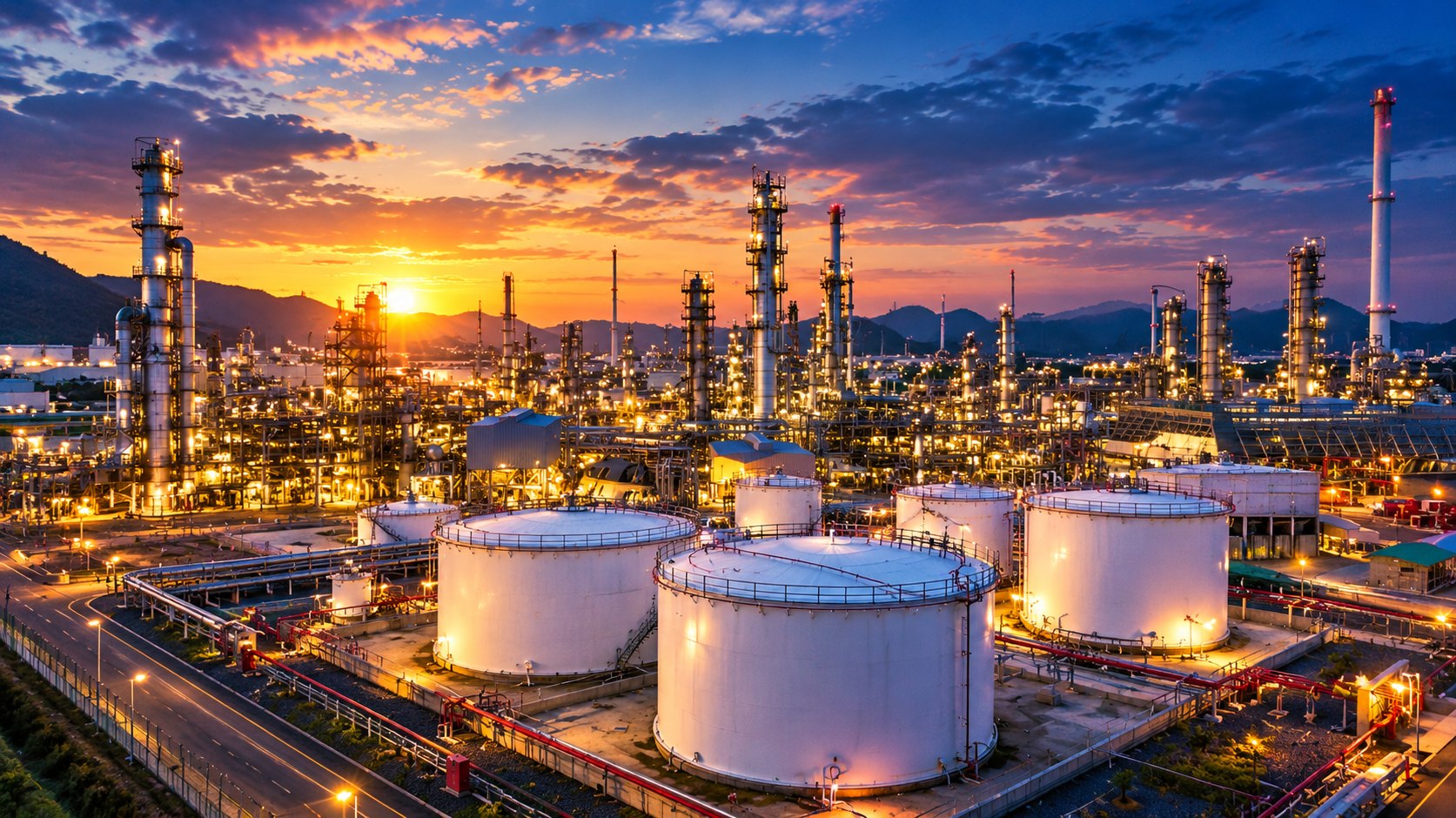 Industrial refinery at sunset